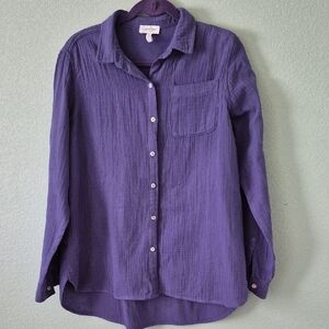 Women Purple Button Down Shirt with Notched Collar